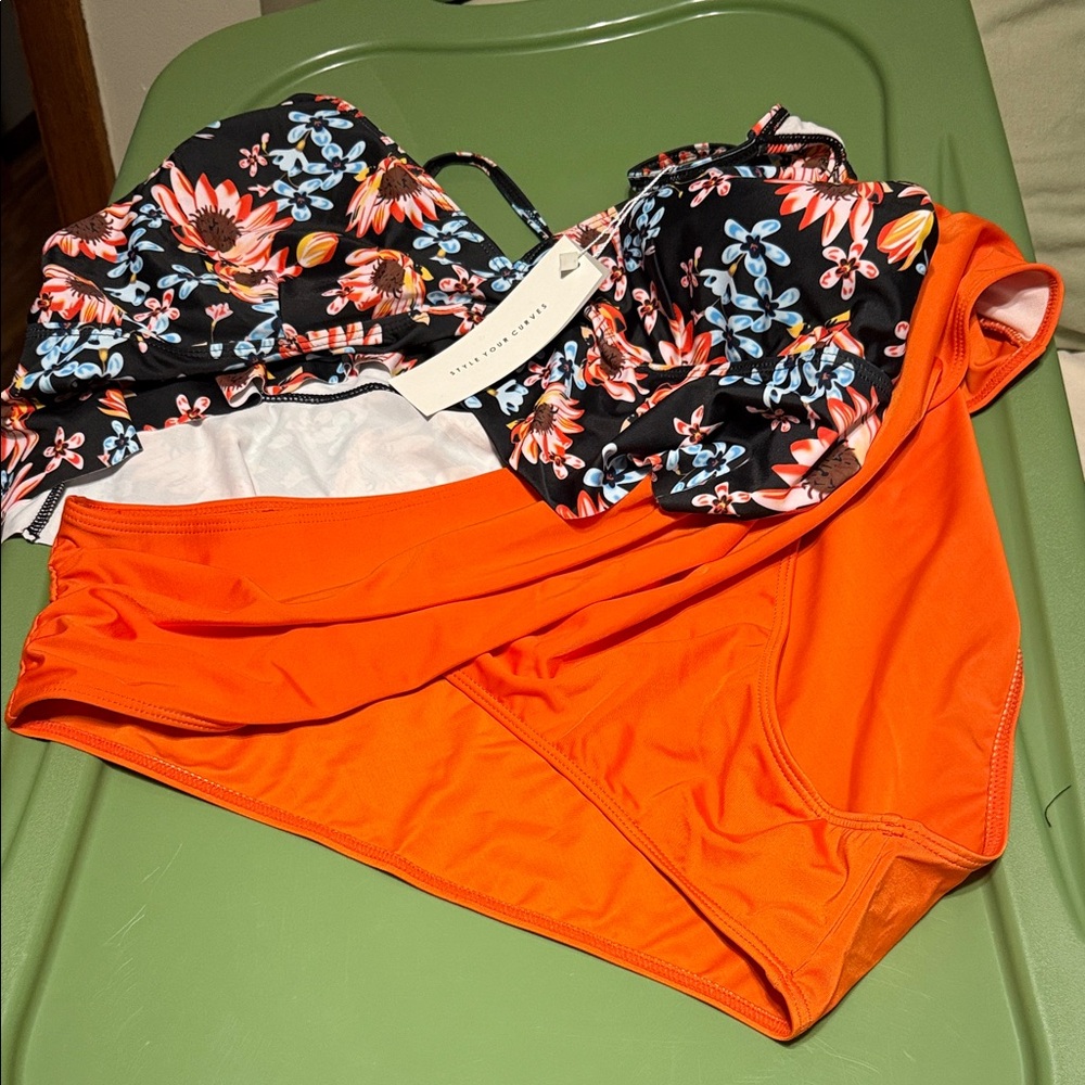 Floral Bikini Top and Orange Bottoms